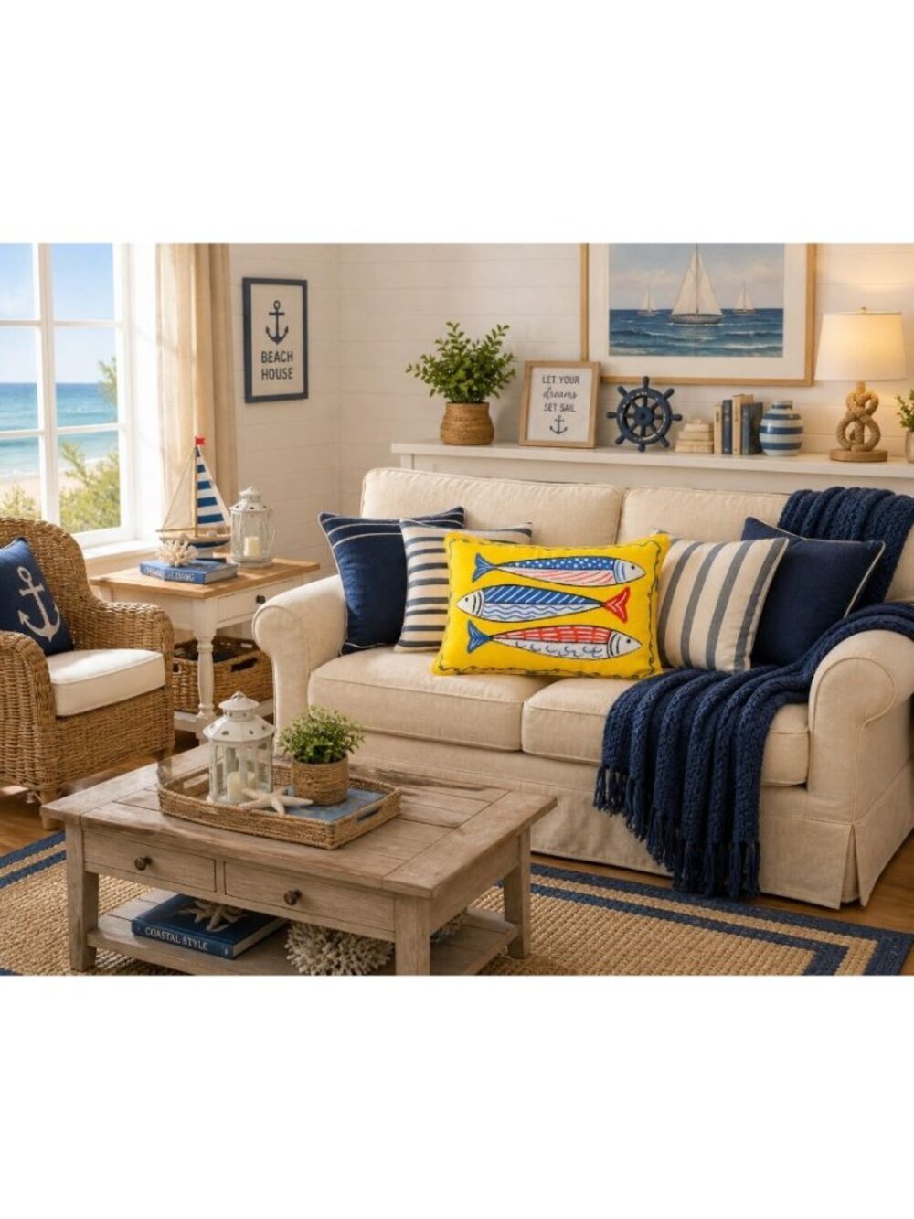 New Summer Nautical Beach Nautica Indoor Outdoor Sardies Room Throw Pillow